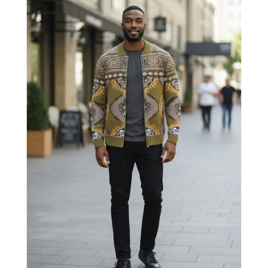 Prestige Luxury Avacado Green Gold Zip Sweater - SW-655