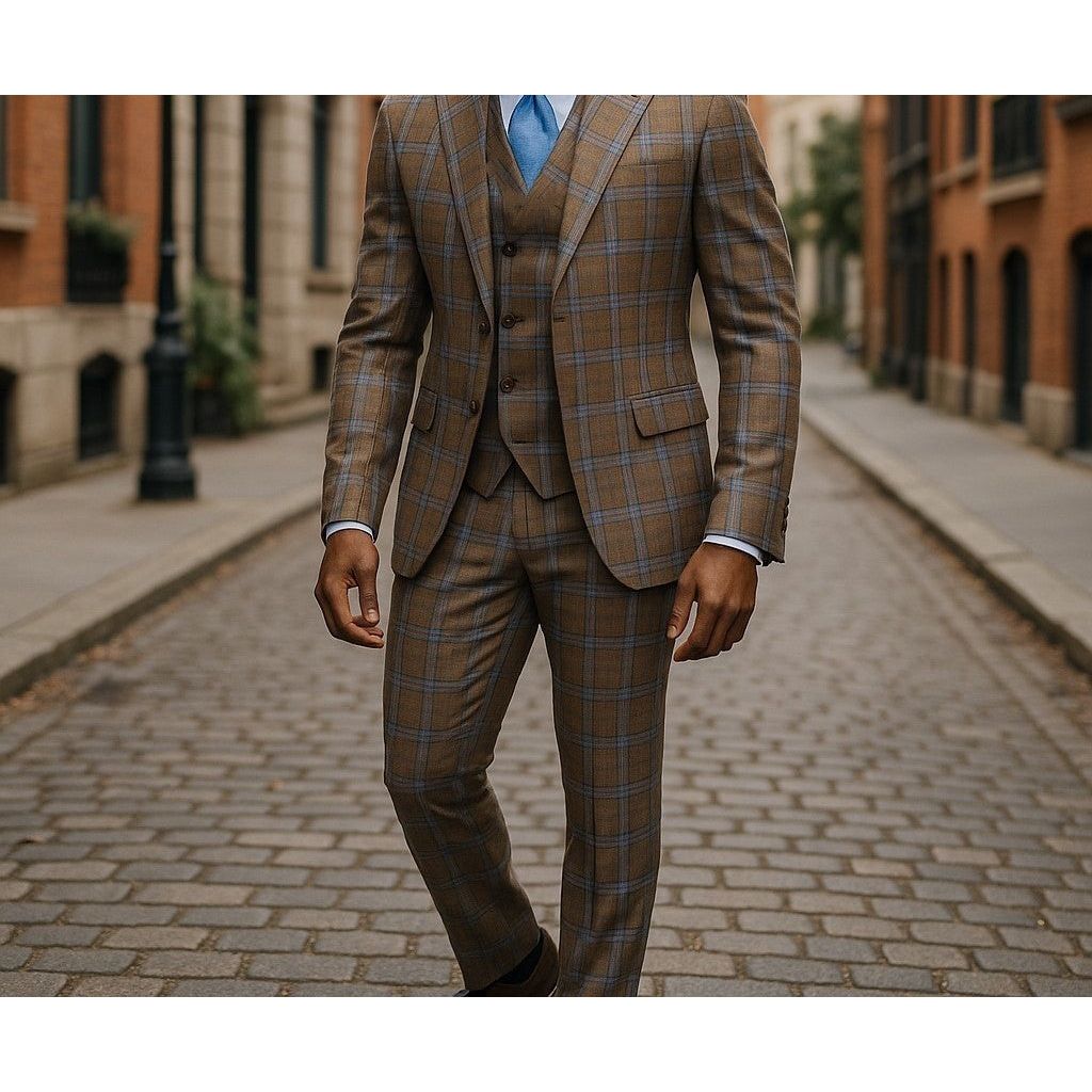 Tiglio Brown Blue Plaid One Button Wide Peak Lapel Double Breasted Vest Suit