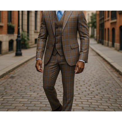Tiglio Brown Blue Plaid One Button Wide Peak Lapel Double Breasted Vest Suit