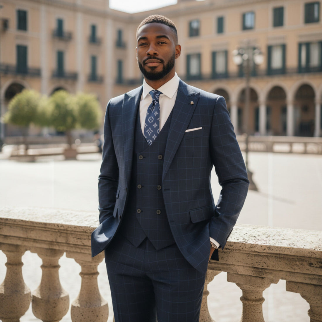 Tiglio Navy Blue Window Pane Presecco 3 Piece Suit - TL2004