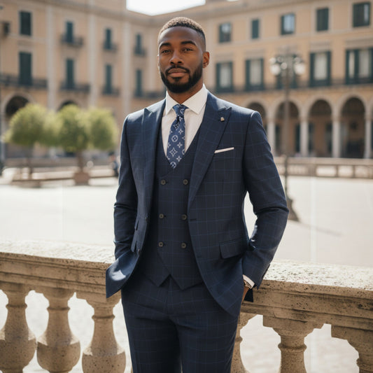 Tiglio Navy Blue Window Pane Presecco 3 Piece Suit - TL2004