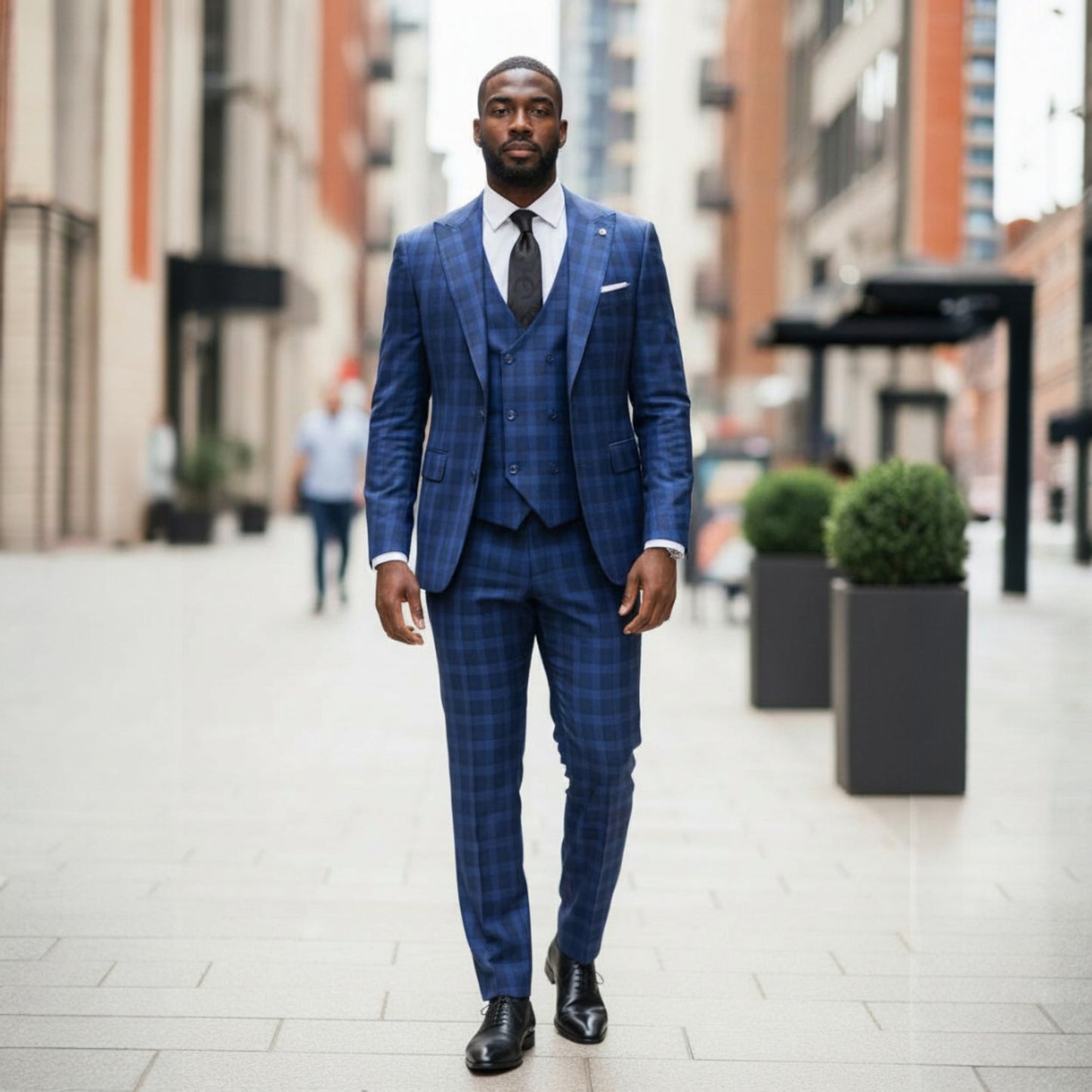 Tiglio Blue Navy Check 2 Button Peak Lapel 3 Piece Suit  - TL7501