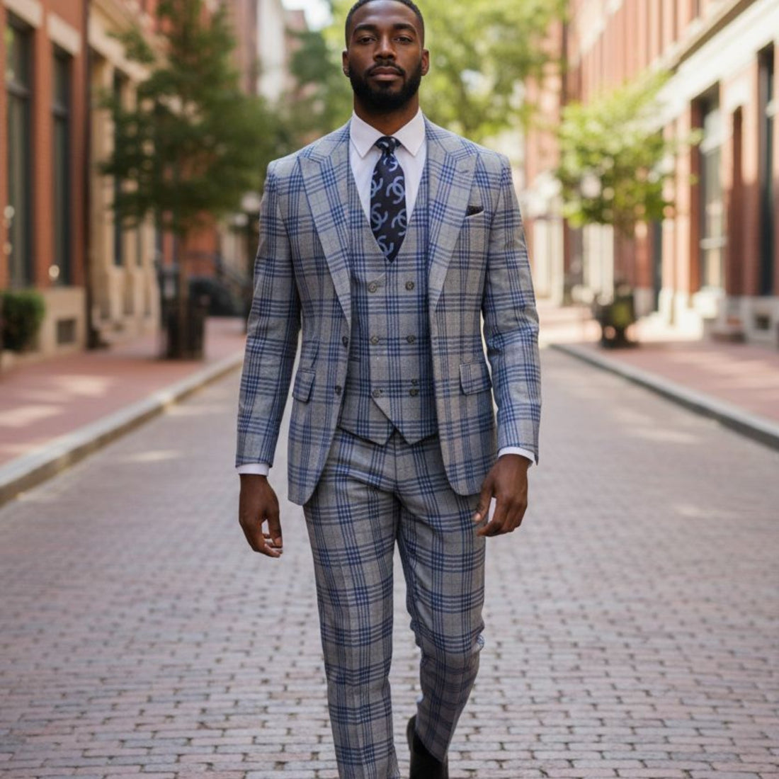 Tiglio Prossecco Gray Blue Plaid 3 Piece Suit -TL4269