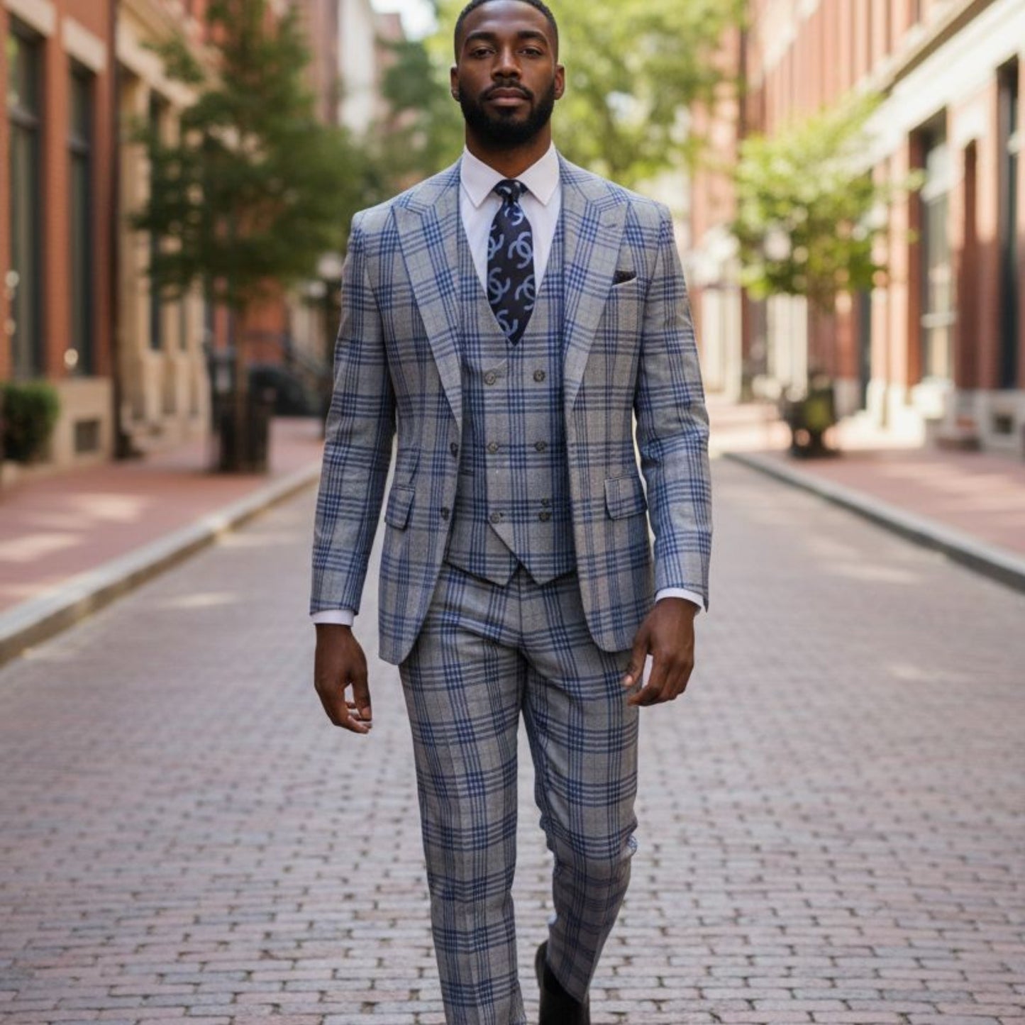 Tiglio Prossecco Gray Blue Plaid 3 Piece Suit -TL4269