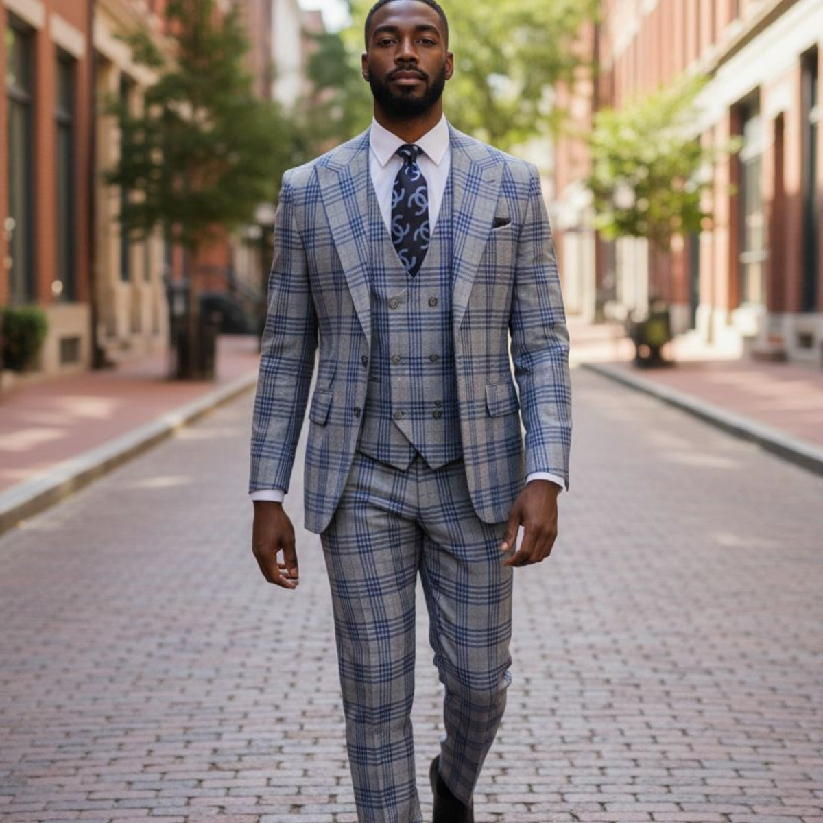Tiglio Prossecco Gray Blue Plaid 3 Piece Suit -TL4269