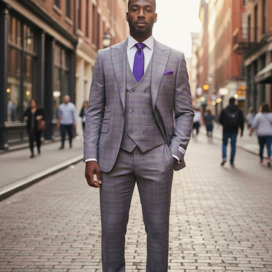 Tiglio Medium Grey Purple Magenta Plaid 3 Piece Suit TL3319