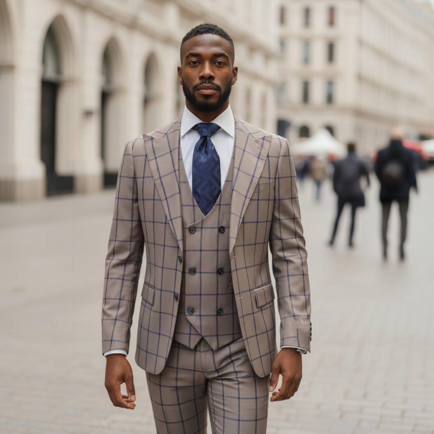 Tiglio Prossecco Taupe Tan Navy Windowpane 3 Piece Suit -  TL3344