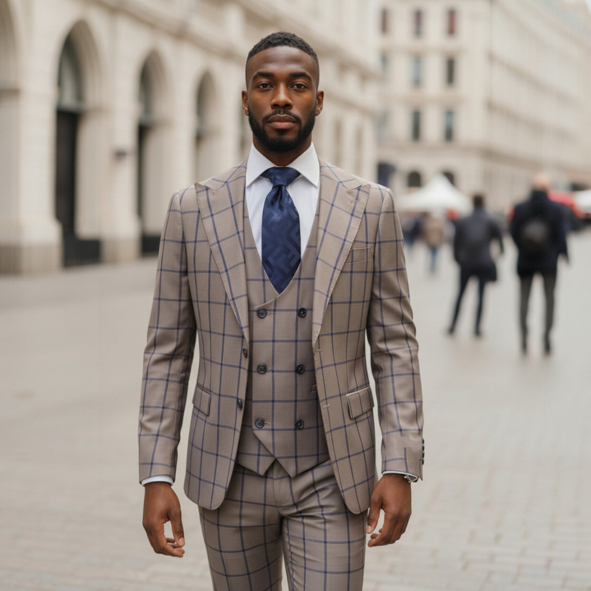 Tiglio Prossecco Taupe Tan Navy Windowpane 3 Piece Suit -  TL3344