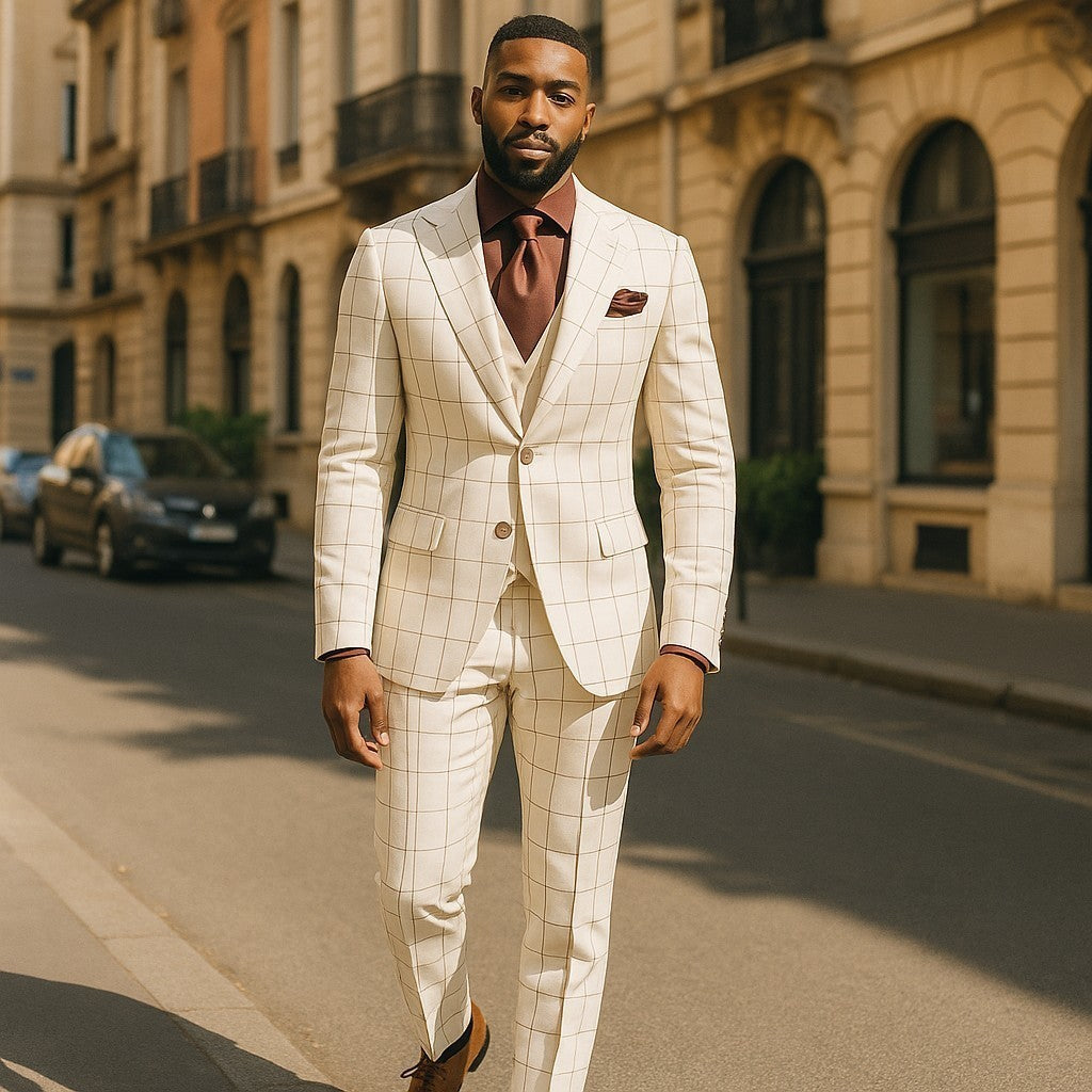 Tiglio Ivory Brown Windowpane One Button Wide Peak Lapel Double Breasted Vest Suit - TL4113