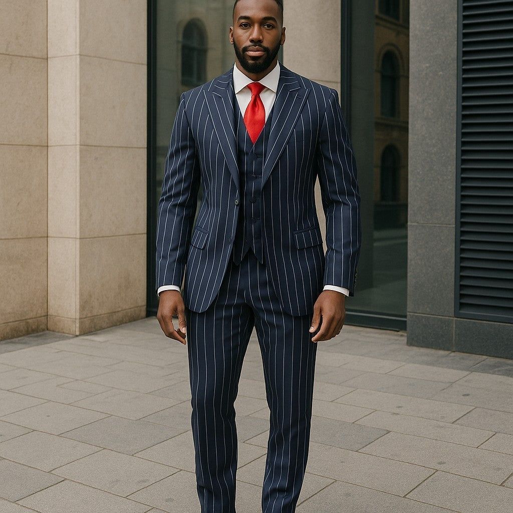 Tiglio Navy Pinstripe One Button Wide Peak Lapel Double Breasted Vest Suit
