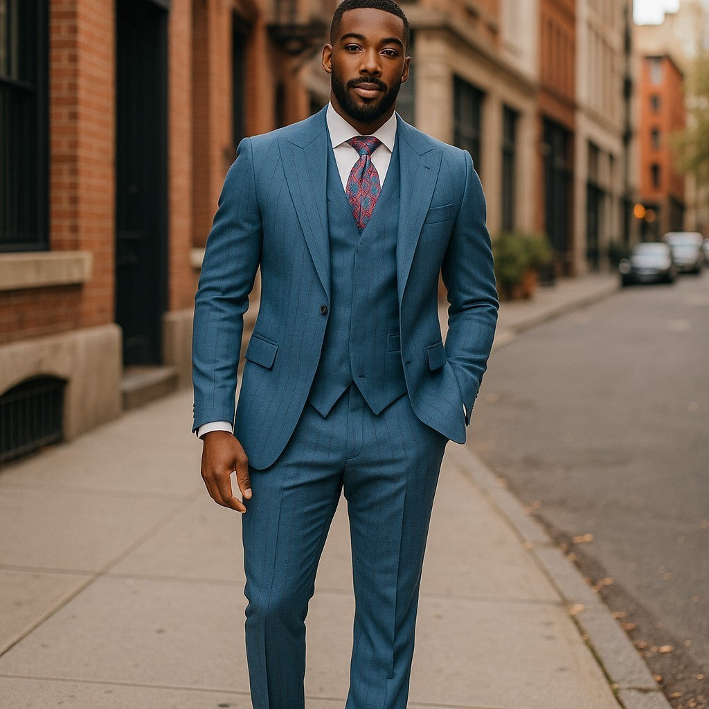 Tiglio Teal Navy Pinstripe One Button Wide Peak Lapel Double Breasted Vest Suit - TL6010