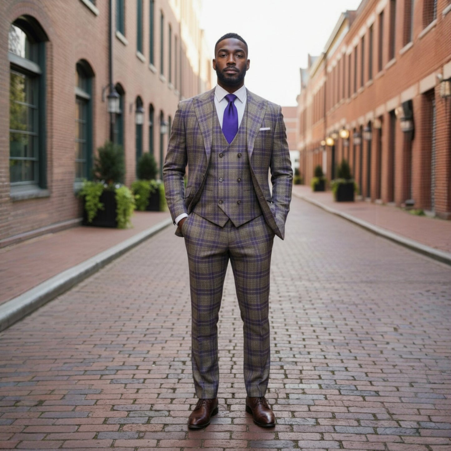 Tiglio Prosecco Camel Purple Windowpane Wool 3 Piece Suit TL6364