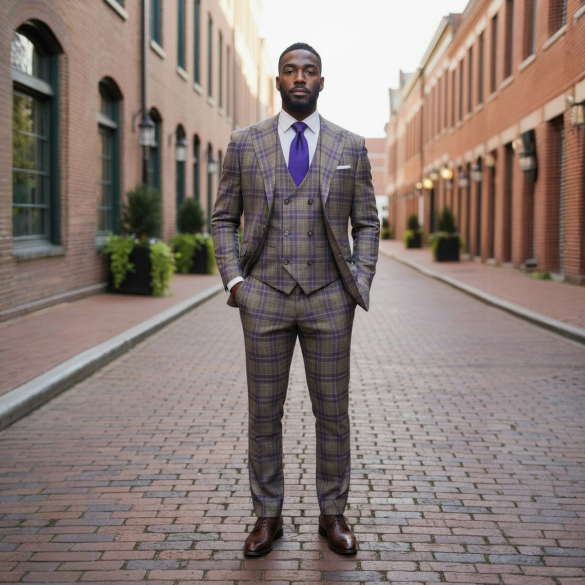 Tiglio Prosecco Camel Purple Windowpane Wool 3 Piece Suit TL6364