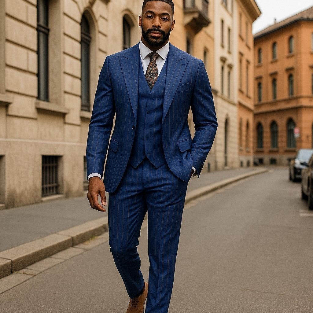Tiglio Navy Brown Pinstripe One Button Wide Peak Lapel Double Breasted Vest Suit - TL7012