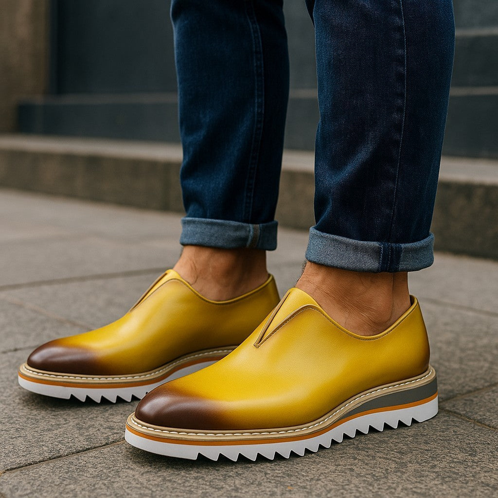 Carrucci Laceless Yellow Casual Loafer Contrast Color Lightweight Sole
