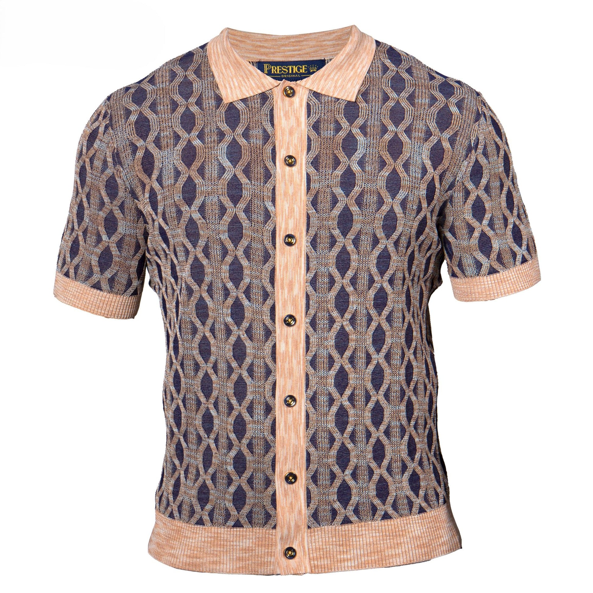 Short-sleeve shirt with geometric pattern and beige collar on a white background