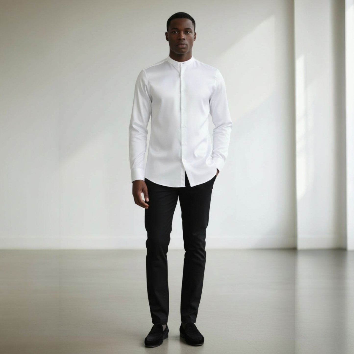 White Banded Collar Solid Color Satin Shirt