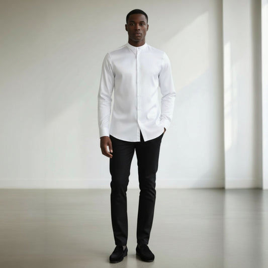 White Banded Collar Solid Color Satin Shirt