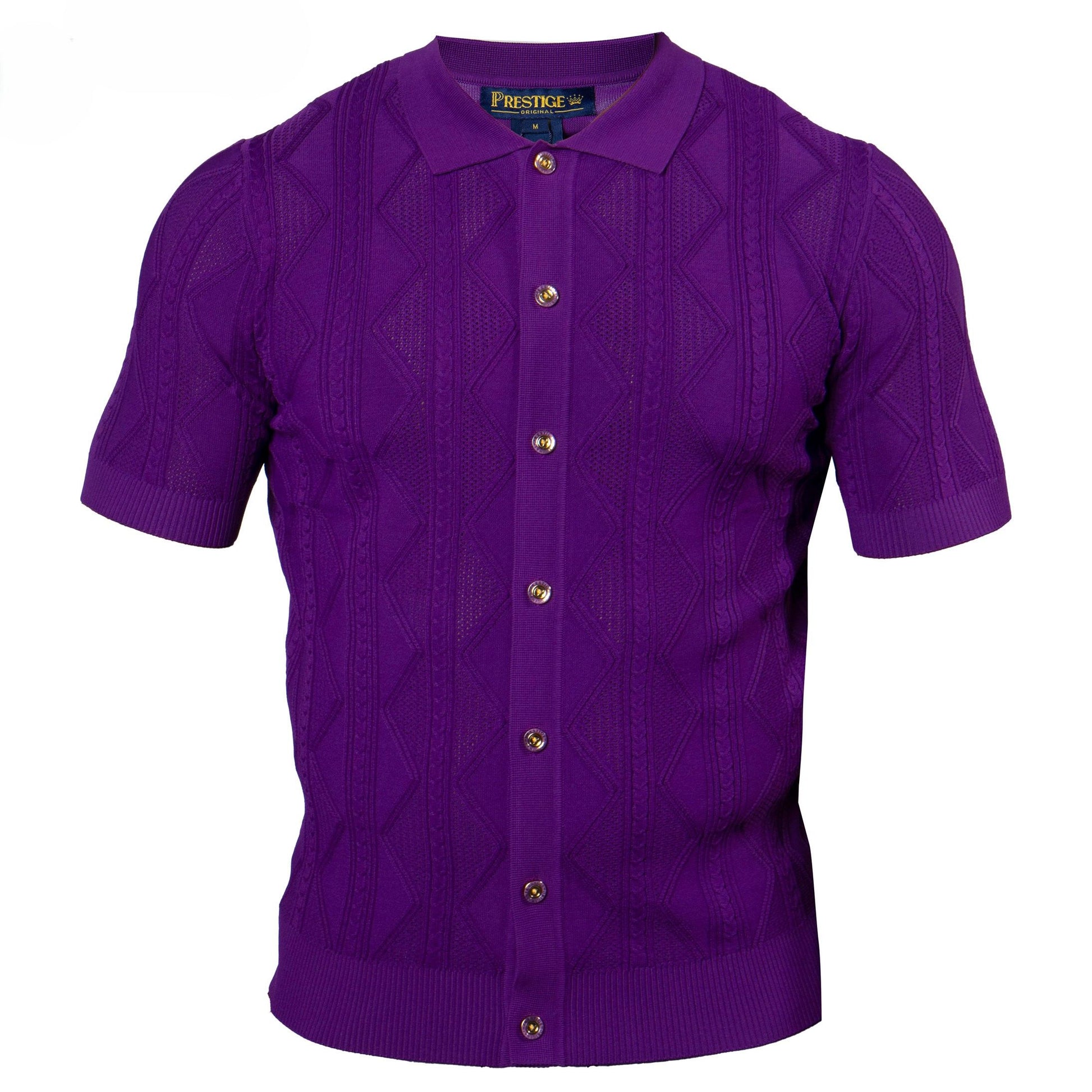 Purple short-sleeve shirt with a textured pattern on a white background