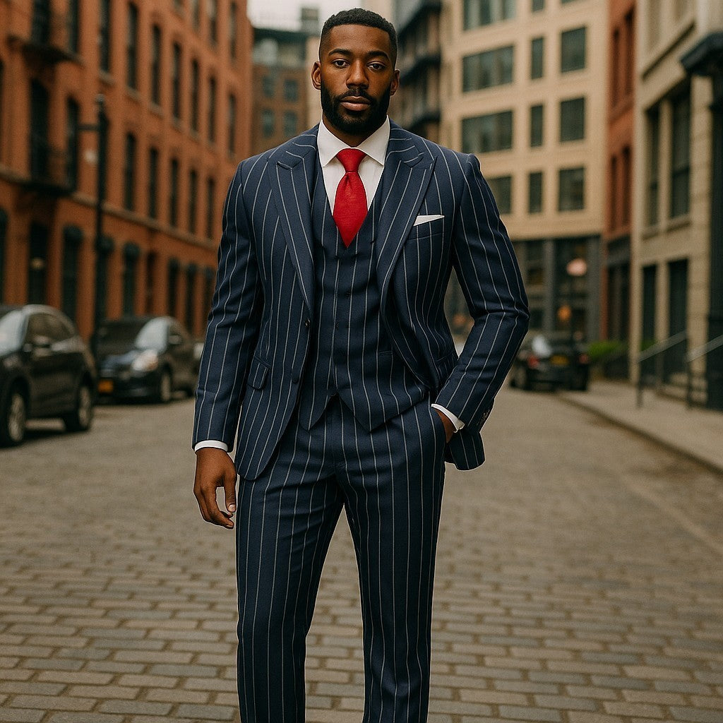 Tiglio Navy Pinstripe One Button Wide Peak Lapel Double Breasted Vest Suit