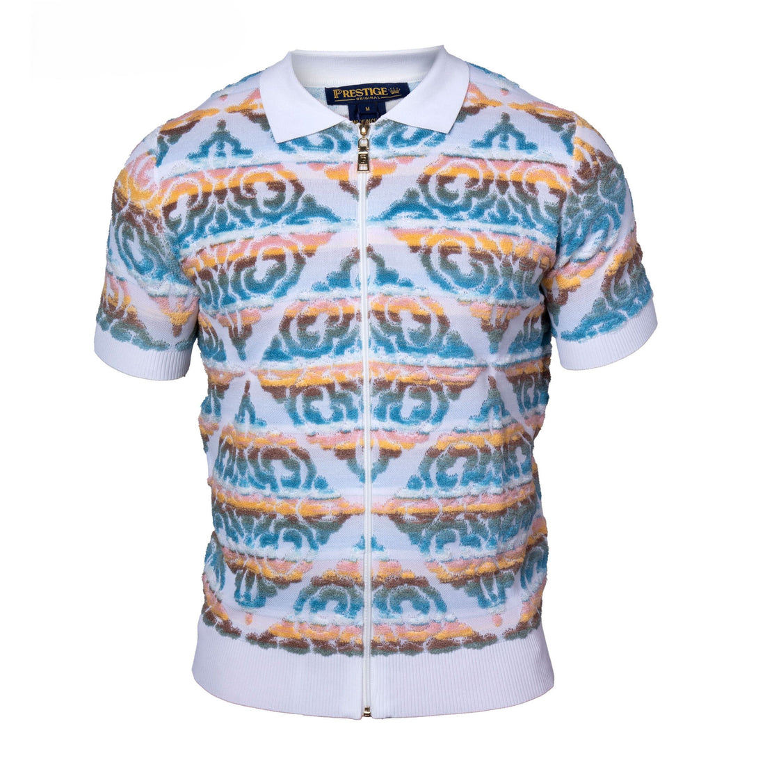 Prestige Turquoise Brown Orange Terry Towel Fabric Short Sleeve Shirt CMK-6008