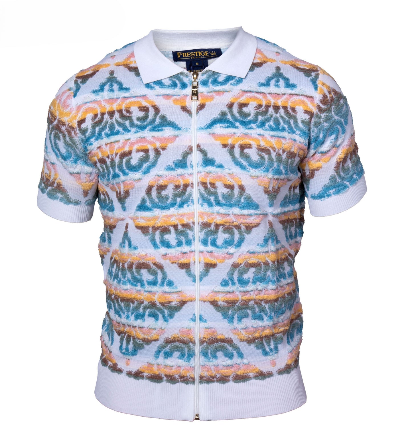 Prestige Turquoise Brown Orange Terry Towel Fabric Short Sleeve Shirt CMK-6008
