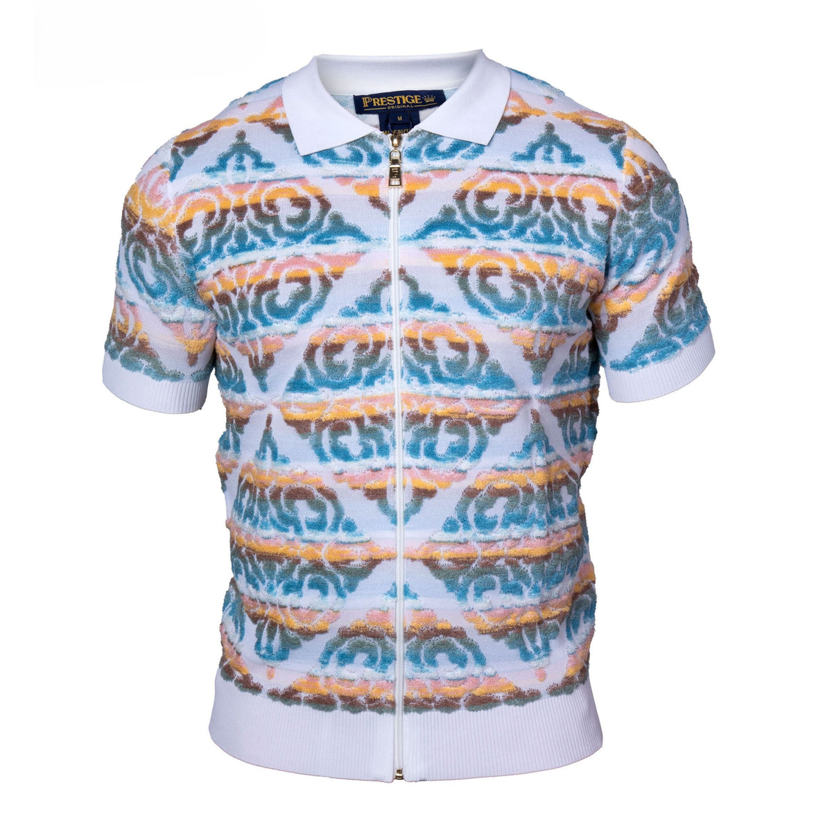 Prestige Turquoise Brown Orange Terry Towel Fabric Short Sleeve Shirt CMK-6008