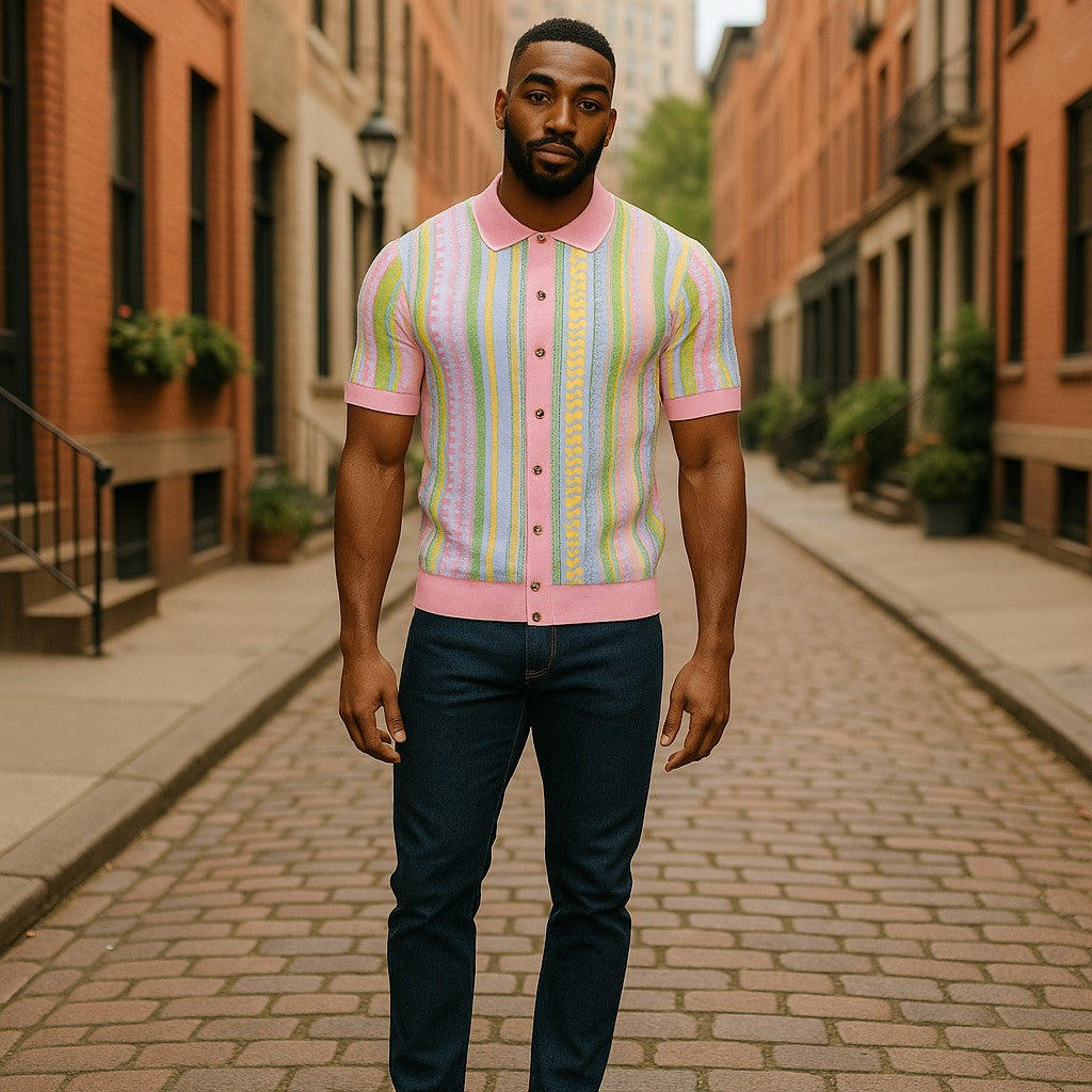 Prestige Luxury Coogi Style Pink Blue Yellow Button Polo Shirt - CMK-397