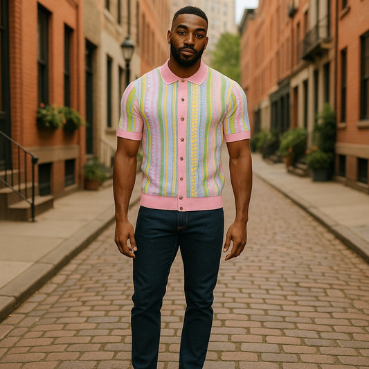 Prestige Luxury Coogi Style Pink Blue Yellow Button Polo Shirt - CMK-397