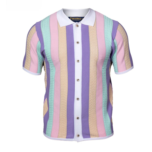 Prestige Luxury Lilac Pink Teal Button Down Short Sleeve Shirt CMK-6025