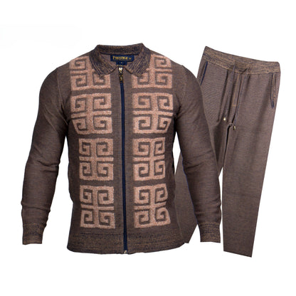Prestige Khaki Brown Greek Key Jogger Lounger Suit LNG-350