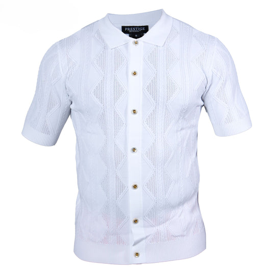 Prestige White Knit Button Down Short Sleeve Shirt CMK-302