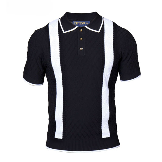 Prestige Luxury Black White Stripe Knit Polo Shirt CMK-6038