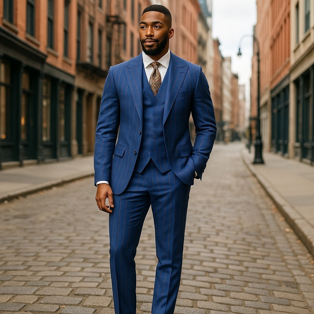 Tiglio Navy Brown Pinstripe One Button Wide Peak Lapel Double Breasted Vest Suit - TL7012
