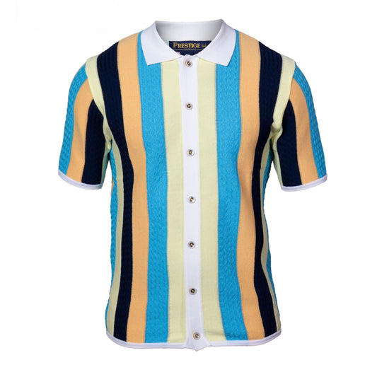 Prestige Luxury Maize Orange Turquoise Navy Button Down Short Sleeve Shirt CMK-6025