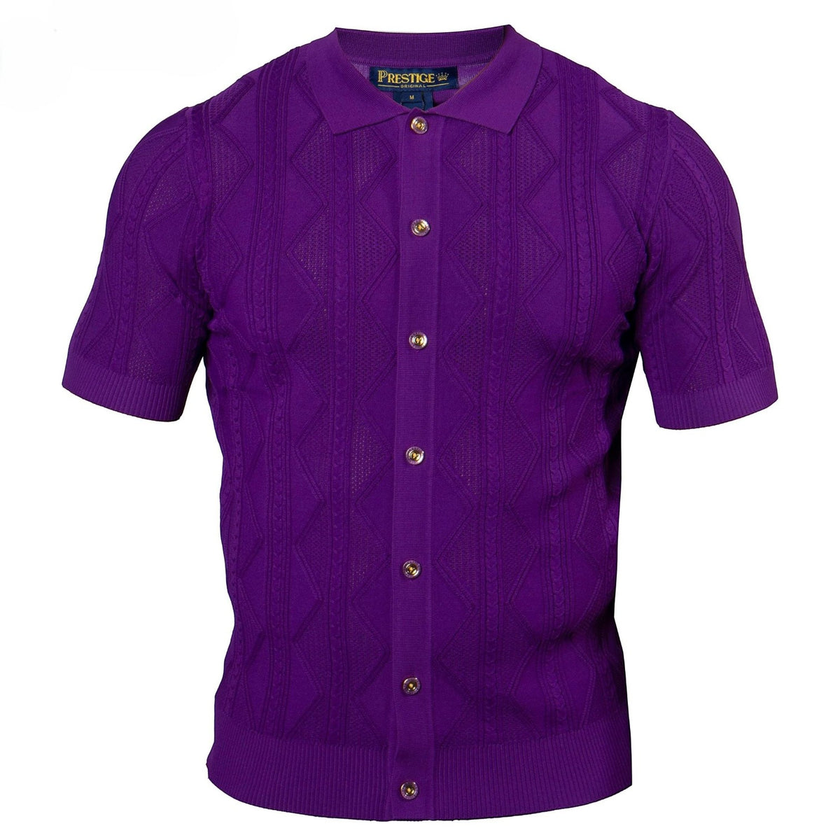 Purple short-sleeve shirt with a textured pattern on a white background
