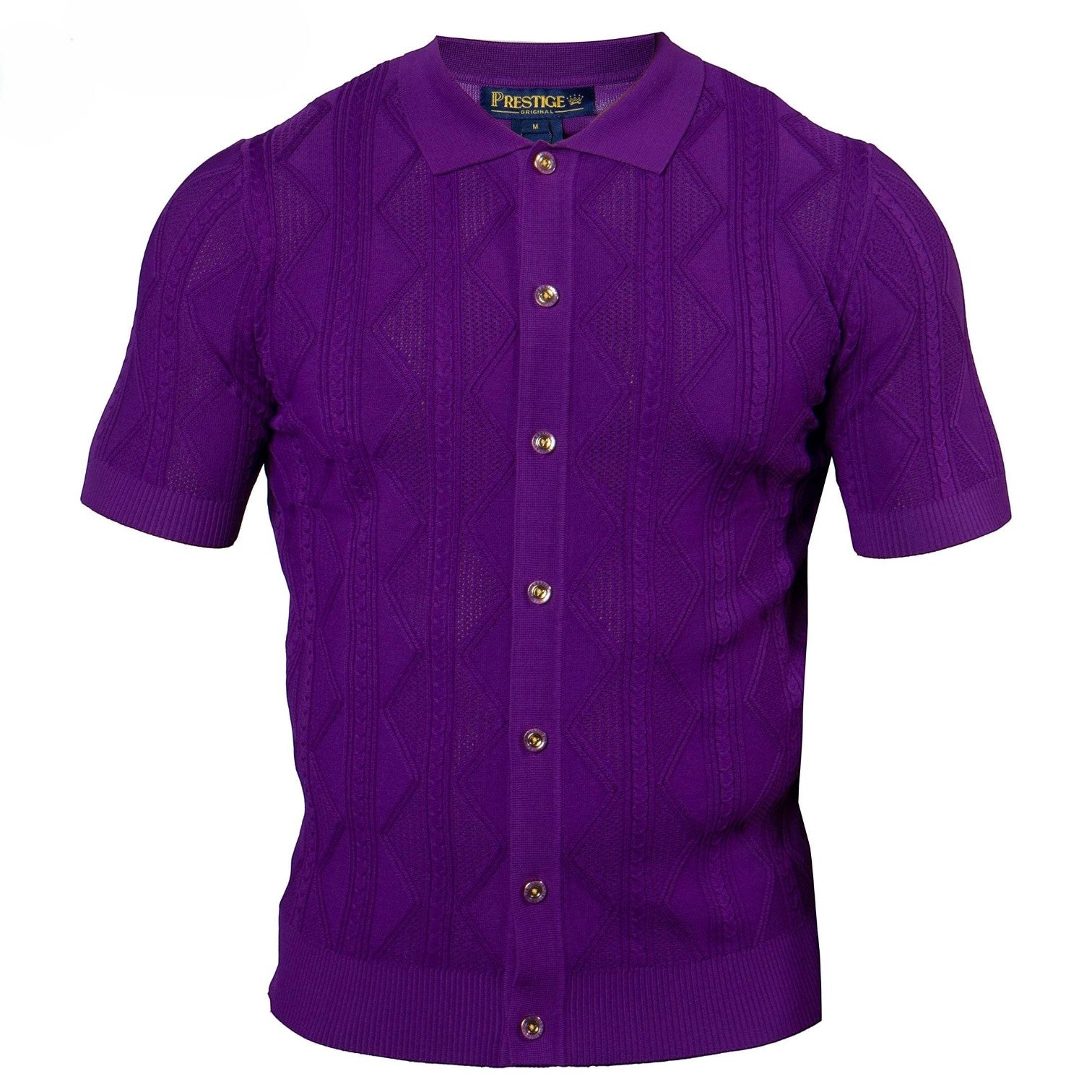 Purple short-sleeve shirt with a textured pattern on a white background
