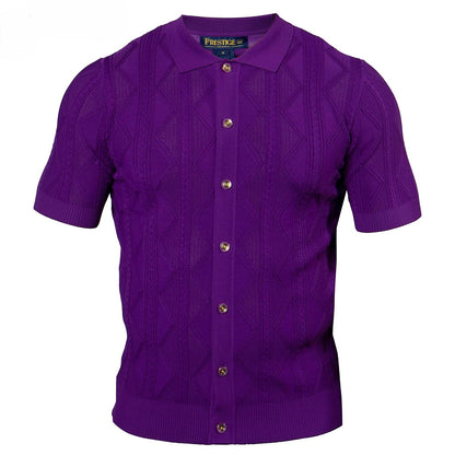 Purple short-sleeve shirt with a textured pattern on a white background
