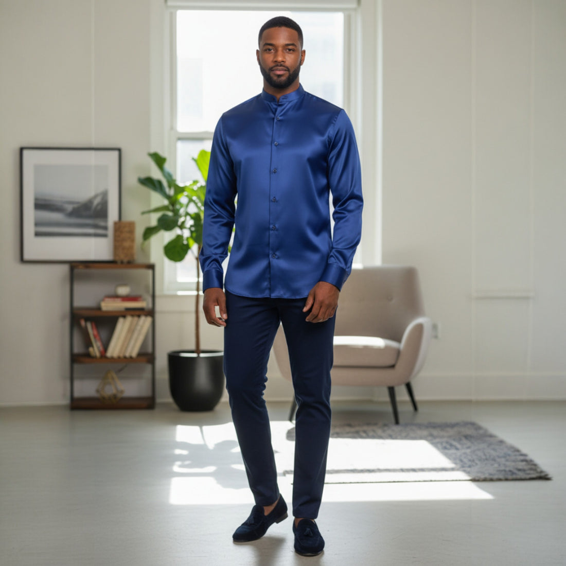 Navy Banded Collar Solid Color Satin Shirt