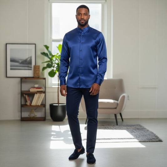Navy Banded Collar Solid Color Satin Shirt
