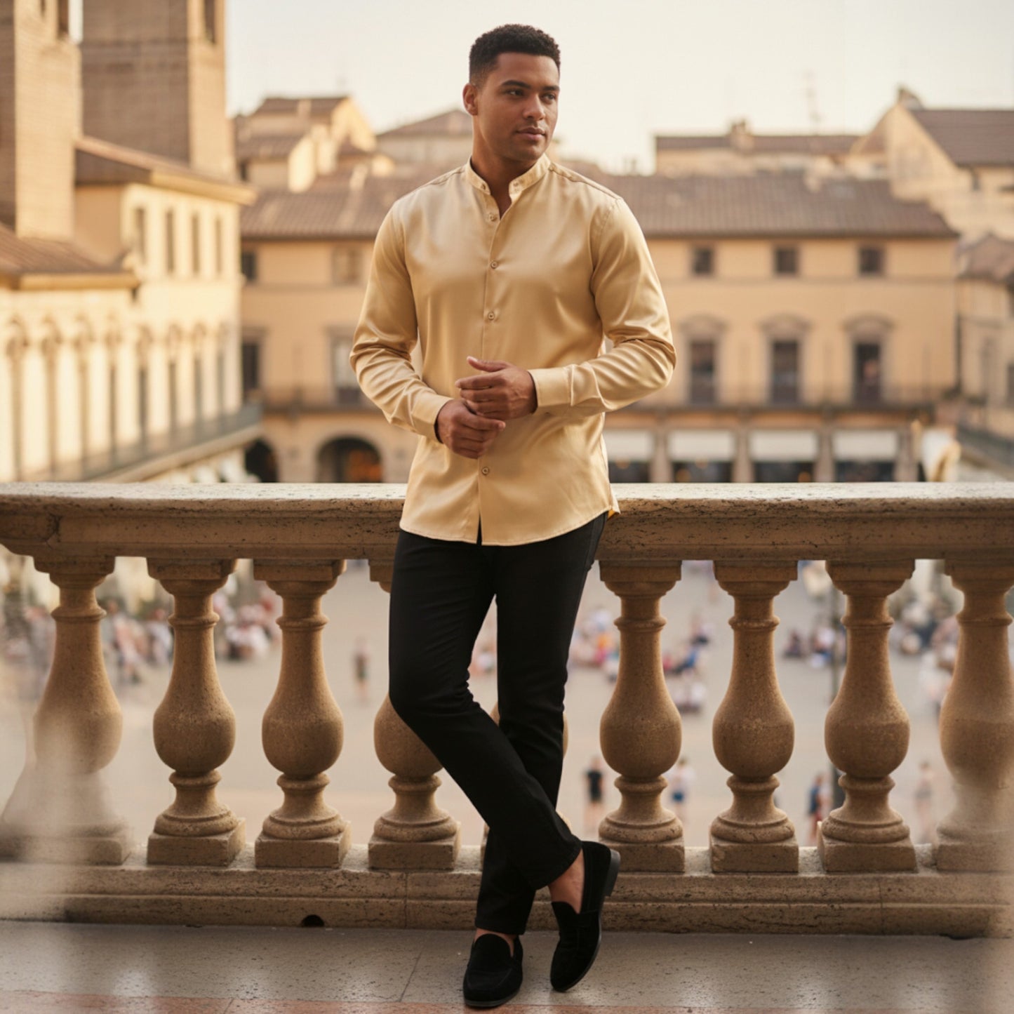 Gold Banded Collar Solid Color Satin Shirt