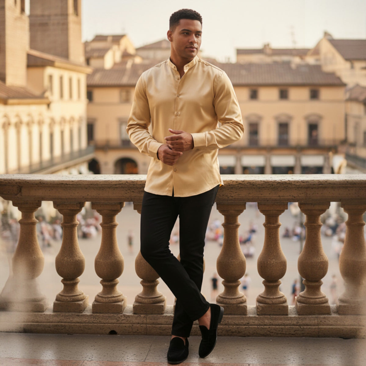 Gold Banded Collar Solid Color Satin Shirt