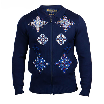 Prestige Luxury Blue Silver Floral Patch Zip Sweater - SW-657