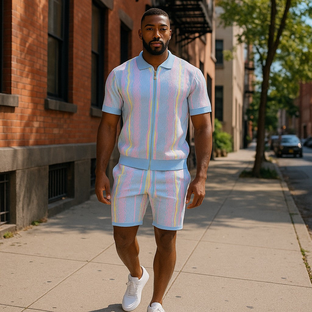 Prestige Luxury Coogi Inspired Blue Pink Yellow Casual Short Set CKJ-311