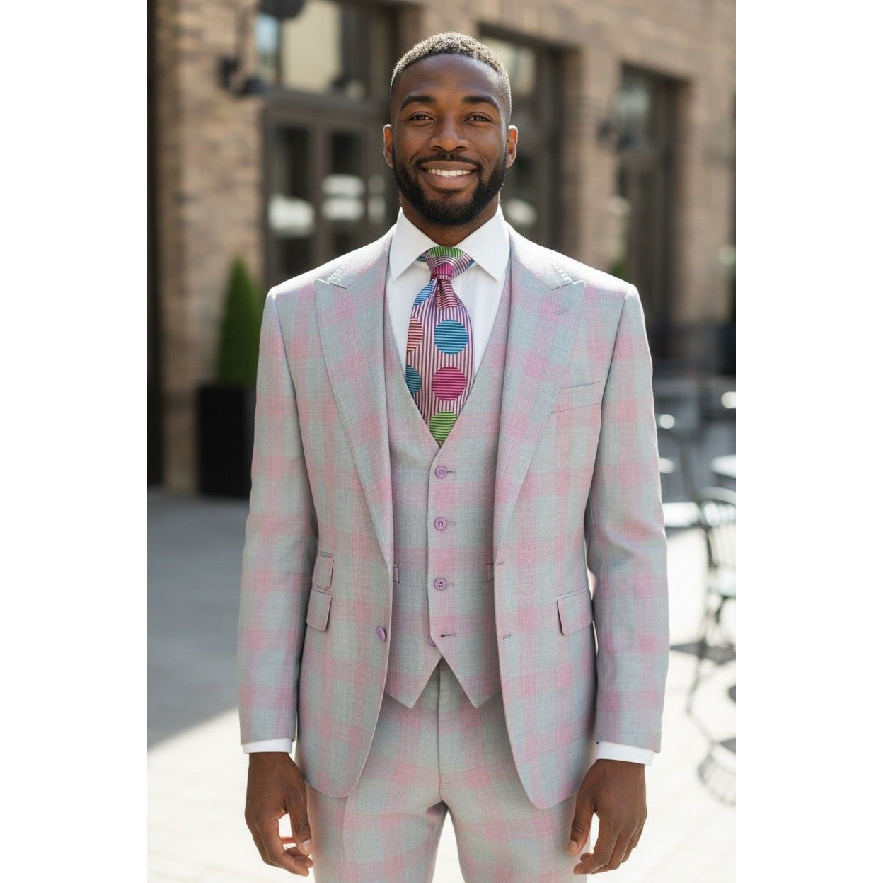 Tiglio Portofino Gray Pink Plaid Wide Peak Lapel 3 Piece Suit - TL8301