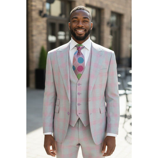 Tiglio Portofino Gray Pink Plaid Wide Peak Lapel 3 Piece Suit - TL8301