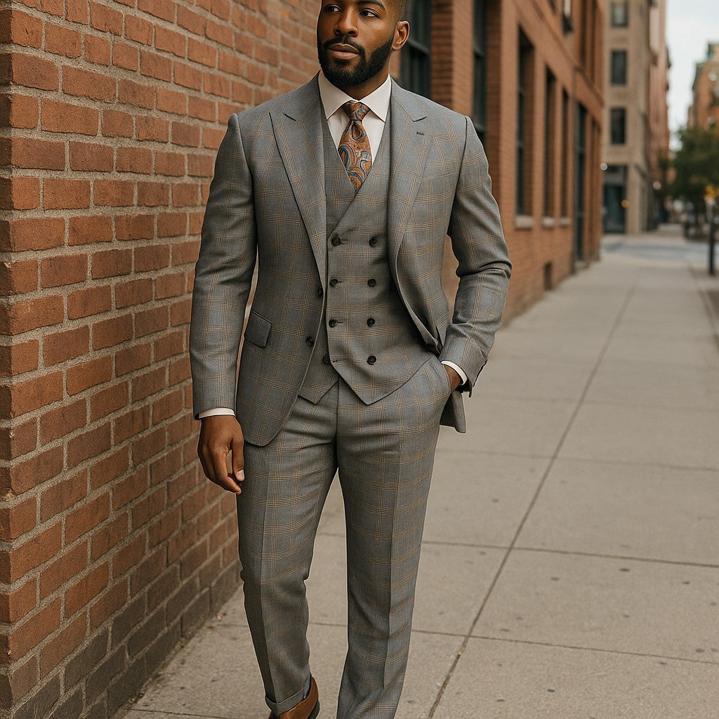 Tiglio Grey Brown Blue Plaid One Button Wide Peak Lapel Double Breasted Vest Suit