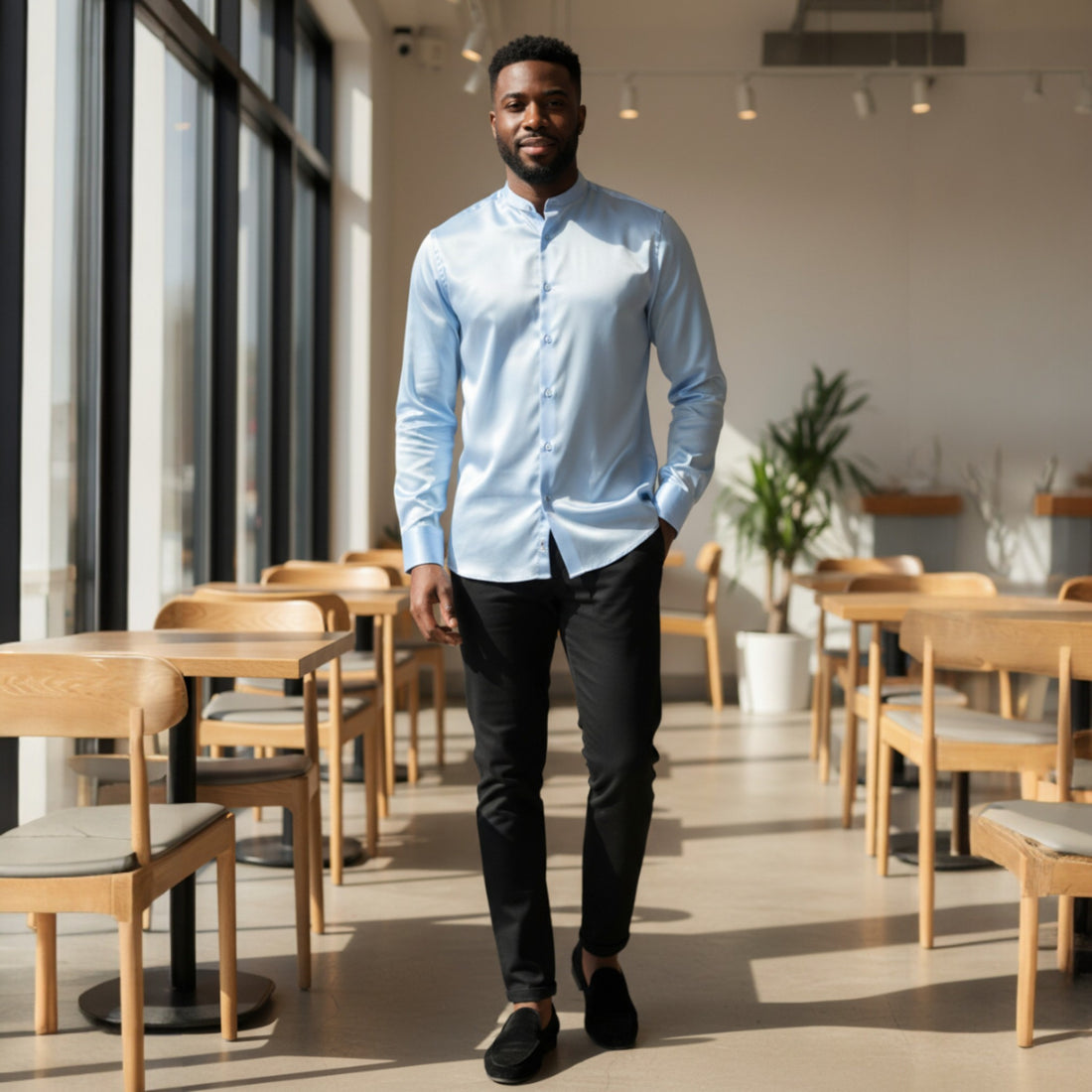 Light Blue Banded Collar Solid Color Satin Shirt