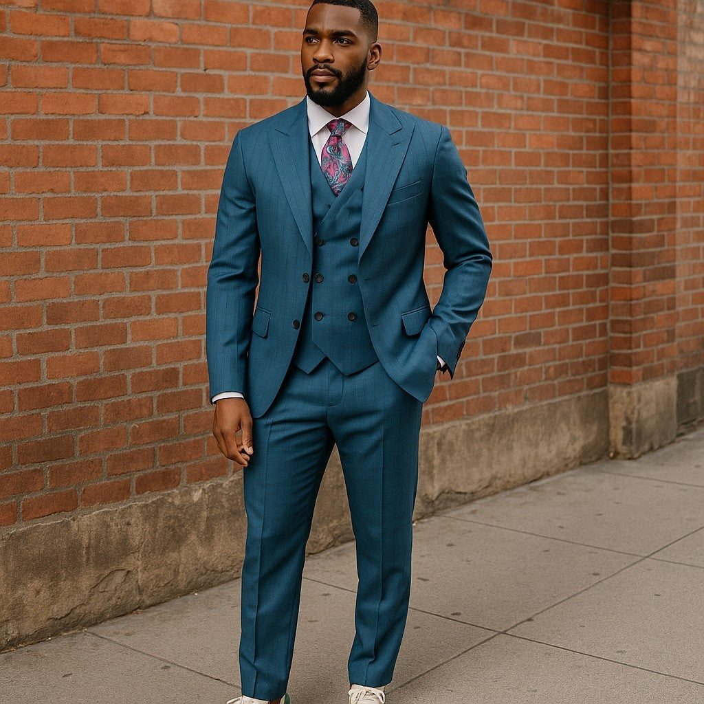 Tiglio Teal Navy Pinstripe One Button Wide Peak Lapel Double Breasted Vest Suit - TL6010
