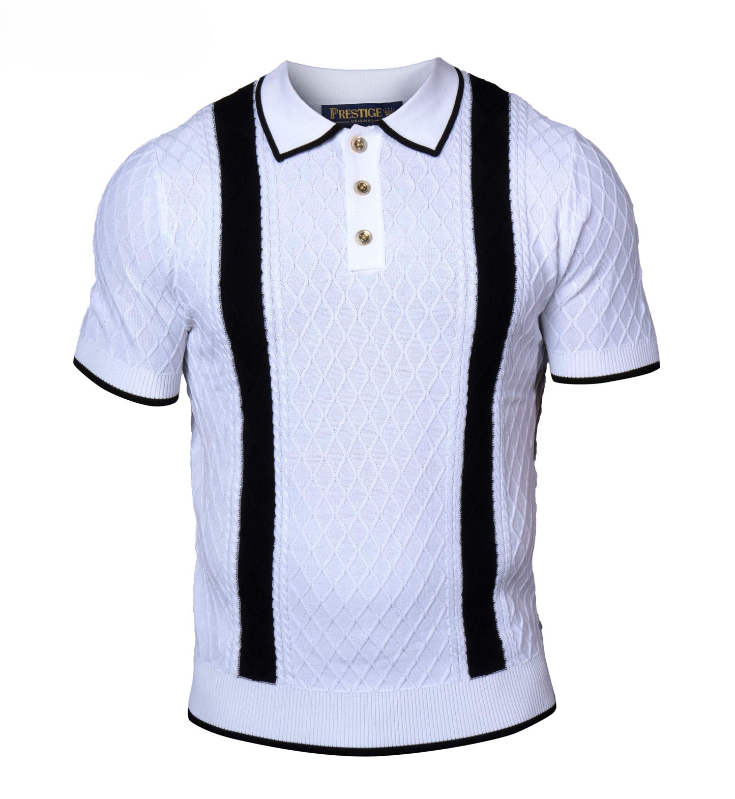Prestige Luxury White Black Stripe Knit Polo Shirt CMK-6038
